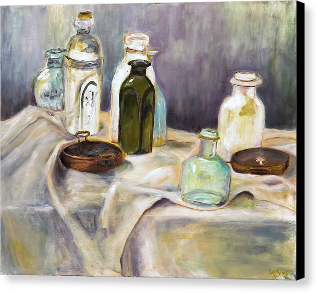 Copper Pots - glass bottles still life - Canvas Print